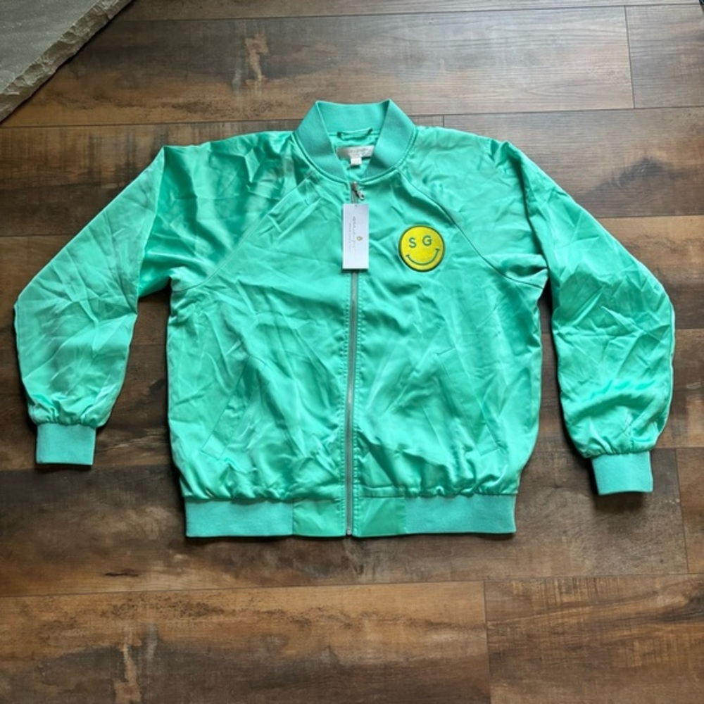 Spiritual Gangster Smiley Billie Bomber Satin Aqua Jacket Women's Size Small NWT